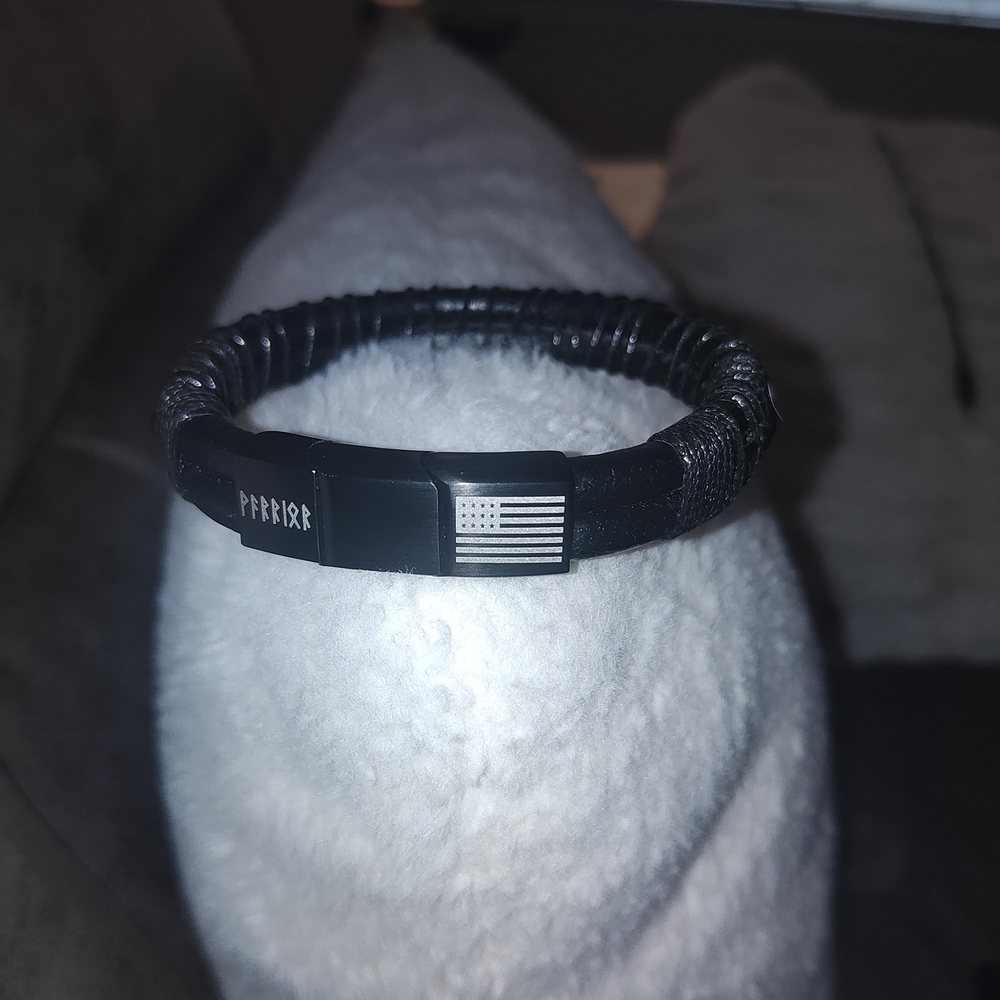 Men's Black Leather Bracelet with American Flag Emblem